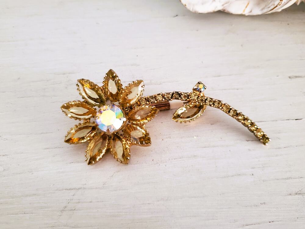 Vintage Large Yellow Rhinestone Sunflower Brooch Pendant